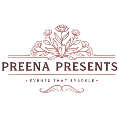 Preena Presents logo with pink flowers and maroon text.