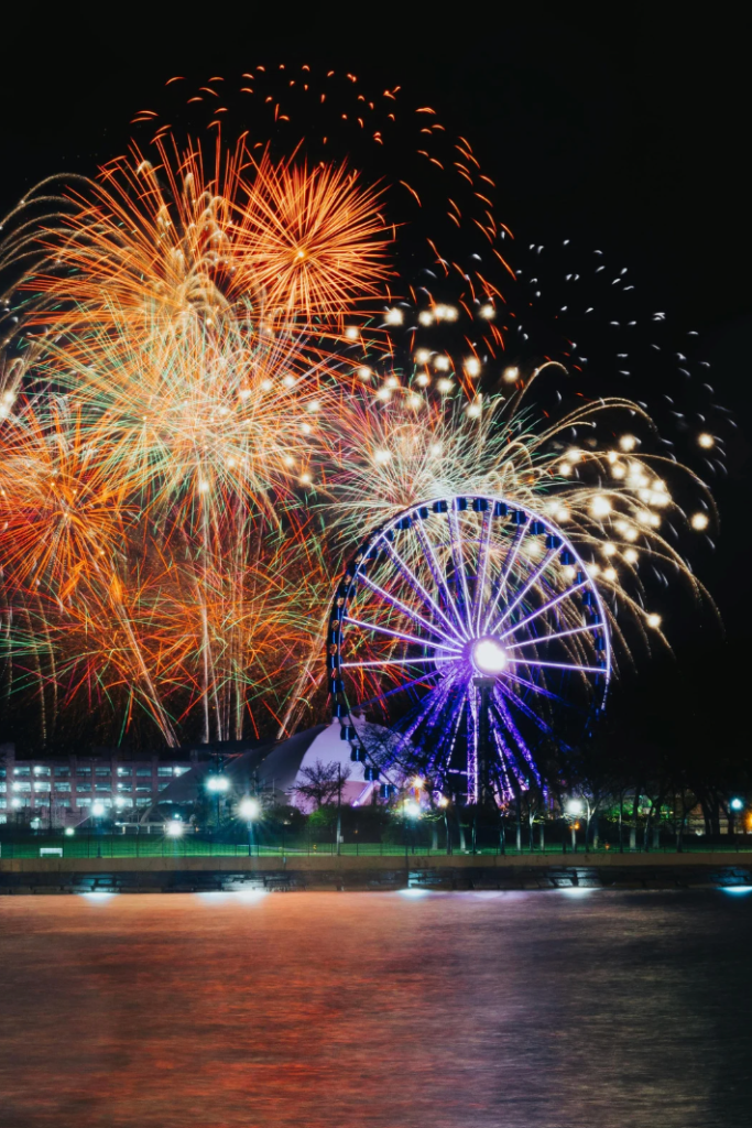 navy pier chicago at night with the fireworks
